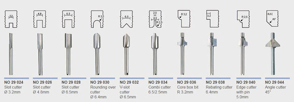 Proxxon Individual Straight Wood Router Bits 3.2mm Shank   (29024, 29026, 29028, 29030, 29032, 29034, 29036, 29038 & 29040)